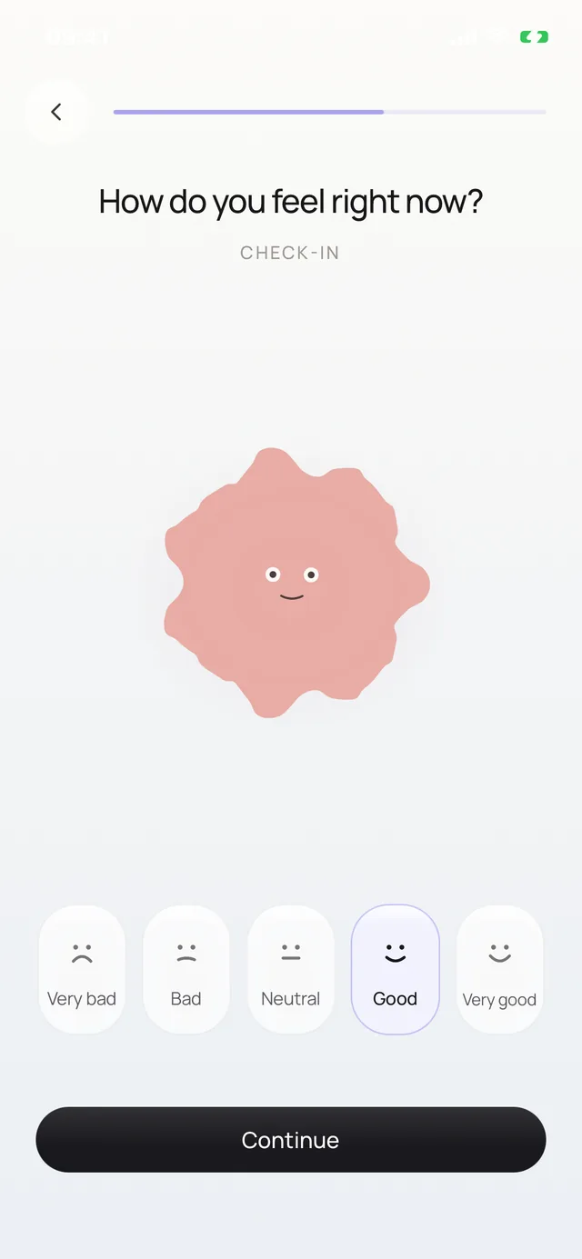 The mood check-in in oléyoga, with five feelings to choose from