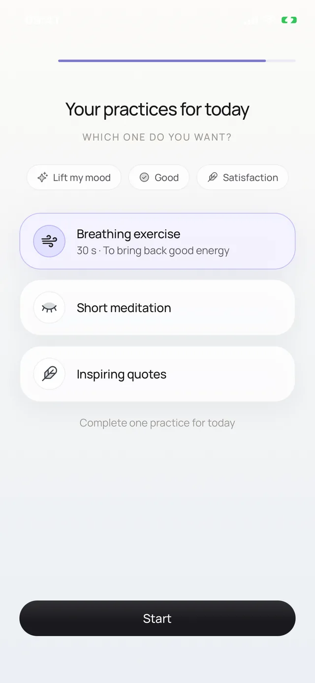 The practices oléyoga offers for the mood just named — a breathing exercise, a short meditation, or an inspiring quote